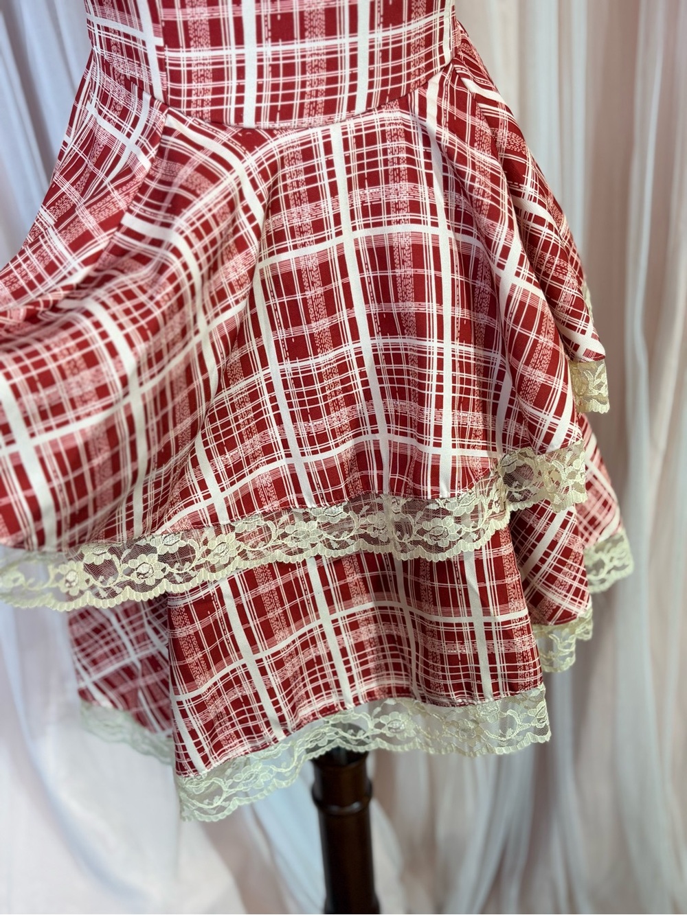 Red Plaid Lace Tiered Cottagecore Coquette Mini Dress Size M - Picture 13 of 16